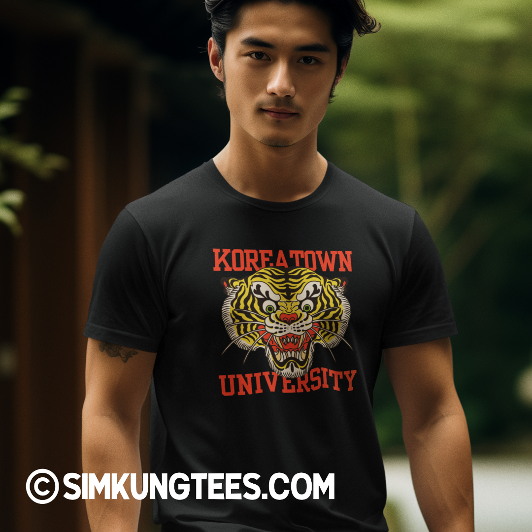 SKT K-Town Tees: KOREATOWN UNIVERSITY TIGER Black Unisex Tee